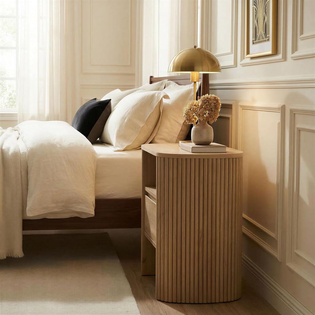 Fluted Nightstand with Drawer, Wood Bedside Table with Storage Shelf, Night Stand , Small Side Table , Modern End
