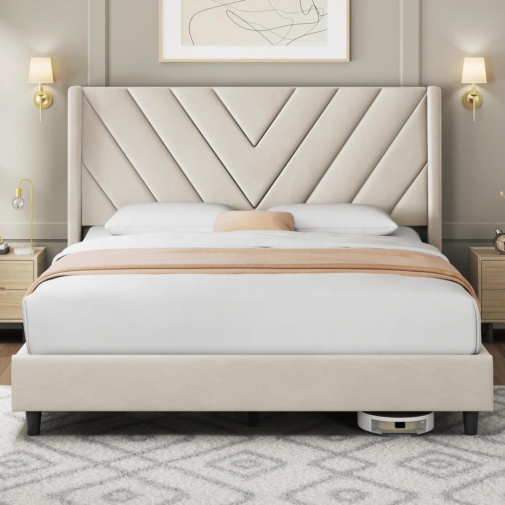 Queen Bed Frame Upholstered Platform Bed with Wing Side/Wooden Slat Support/Tufted Headboard with Wing Side/Mattress