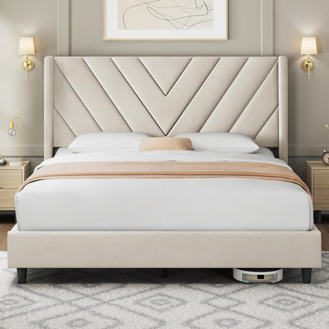 Queen Bed Frame Upholstered Platform Bed with Wing Side/Wooden Slat Support/Tufted Headboard with Wing Side/Mattress