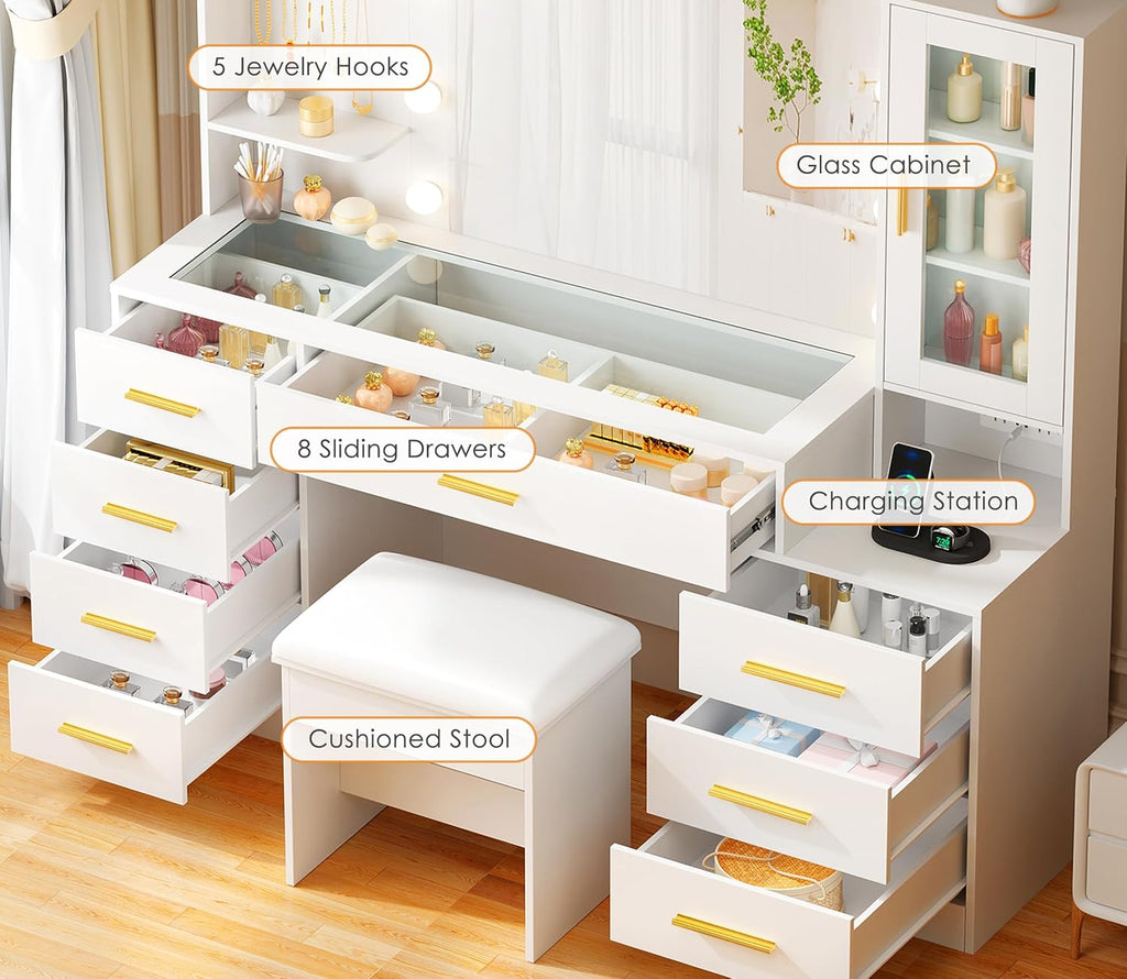 49.2" Large Vanity Desk with Mirror and Lights, Glass Top Vanity | White Makeup Vanity Desk with 8 Drawers, Power