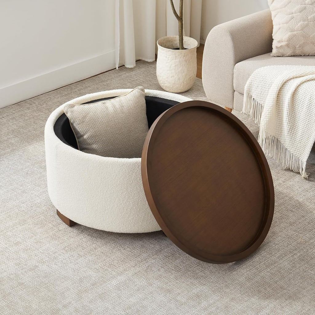 30 Inch Round Storage Ottoman, Ottoman Coffee Table with Lift Off Lid, Boucle Modern Ottomans with Storage s (Beige)