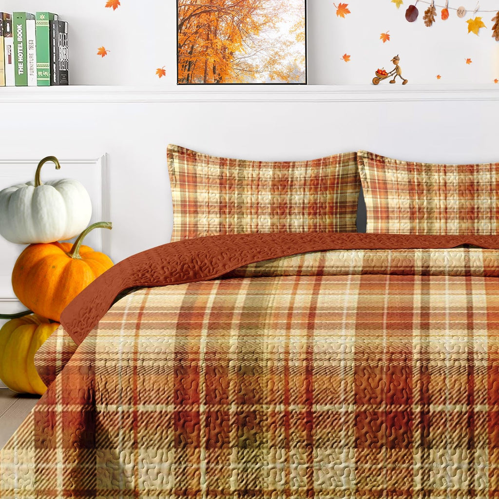 Fall Quilt Set, 3 Pieces Plaid Autumn Bedding, Bedspread