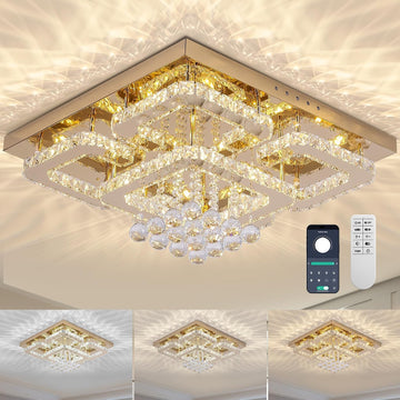 24 inch Flush Mount Chandelier Crystal Ceiling Light with Remote Control/APP, 3CCT Dimmable&Brightness Adjustable