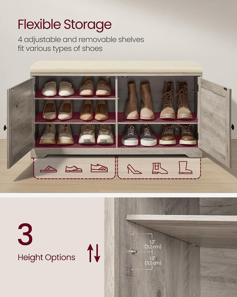 Shoe Storage Bench with Cushion, 3-Tier Entryway Bench with Padded Seat, Doors, Adjustable Shelves, 14 x 39.8 x 20.7