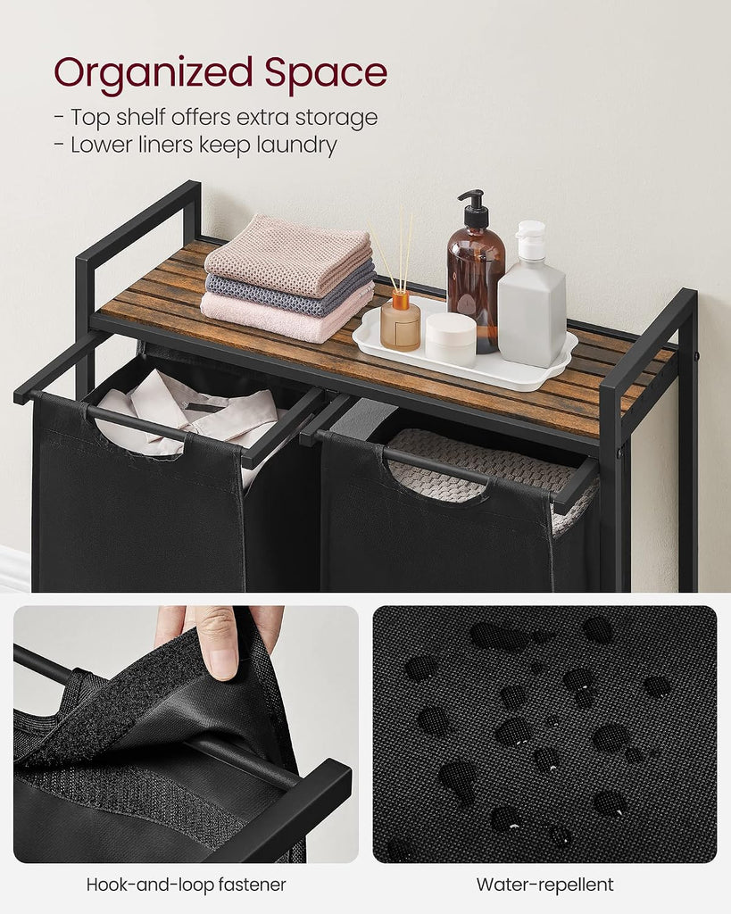 Laundry Hamper, Laundry Basket, Laundry Sorter with 2 Pull-Out and Removable Bags, Shelf, Metal Frame, 2 x 12.1