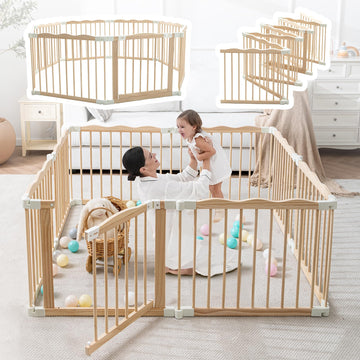 Wooden Baby Playpen Foldable Play Yard with Gate 59"x59" Natural Wood