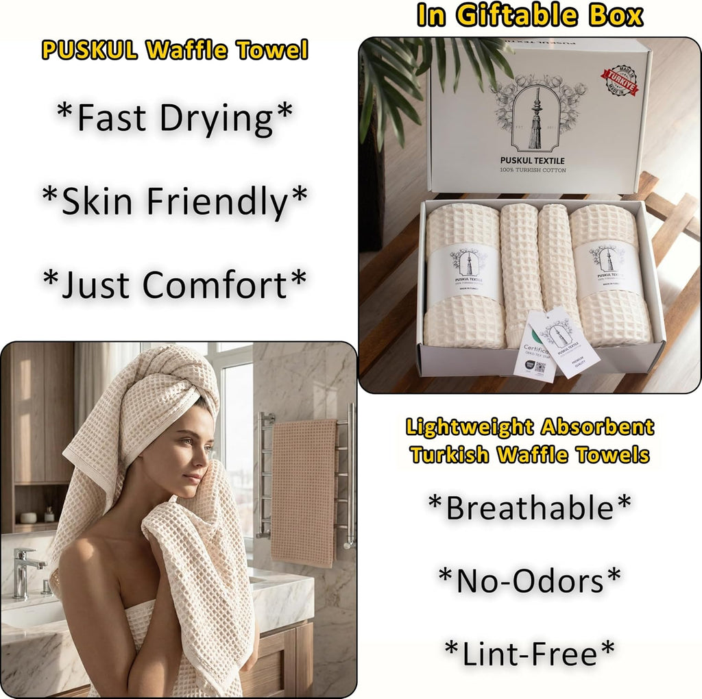 Natural 100% Turkish Cotton Waffle Towels Set (4-Piece) | Raw-Undyed, Large Size 2 Hand & 2 Bath Towel Quick-Dry Soft