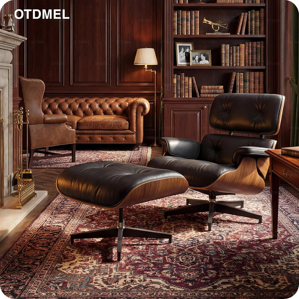 Mid-Century Modern Lounge Chair & Ottoman — Black Top-Grain Leather, Walnut Base, Extended Chaise