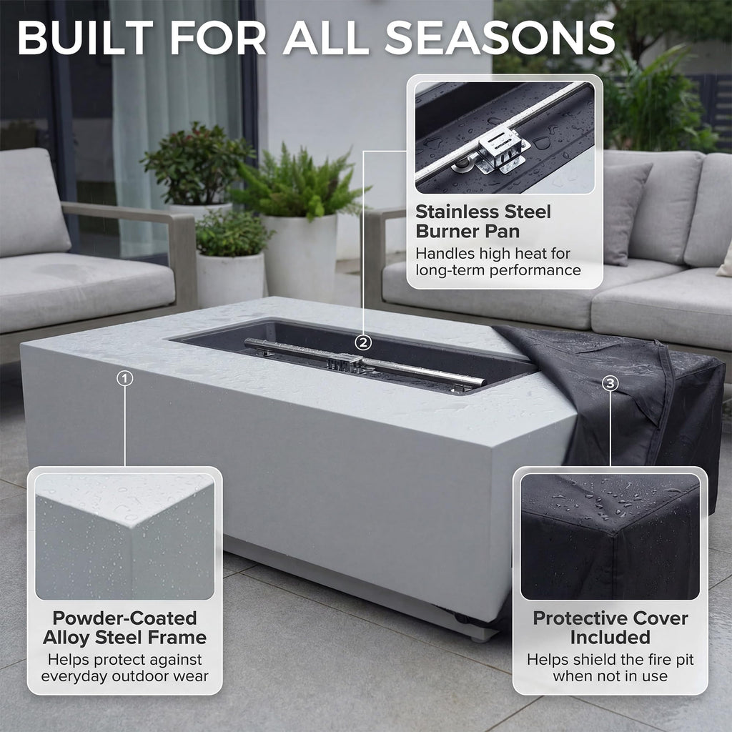 42 inch Rectangle Propane Fire Pit, Low-Profile Outdoor Fireplace with Hideaway Tank Table, 50, 000 BTU Modern Patio
