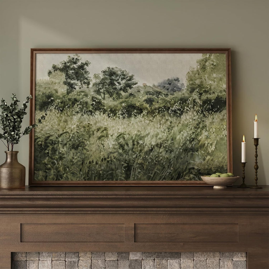 Large Framed Vintage Wall Art, Modern Farmhouse Green Botanical Landscape Canvas Painting Prints, Rustic Cottage Core