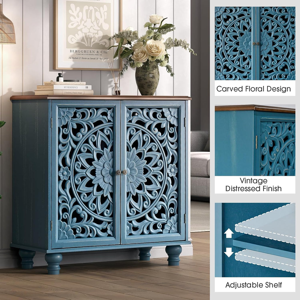 31" Accent Storage Cabinet with Mandala Carved Doors,Blue & Walnut | Carved Floral Design, Solid Wood Legs, Farmhouse