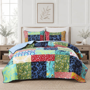 Green Patchwork Quilt - 100% Cotton Country Farmhouse Quilt Sets, Floral Cotton Quilt, Reversible Bedding