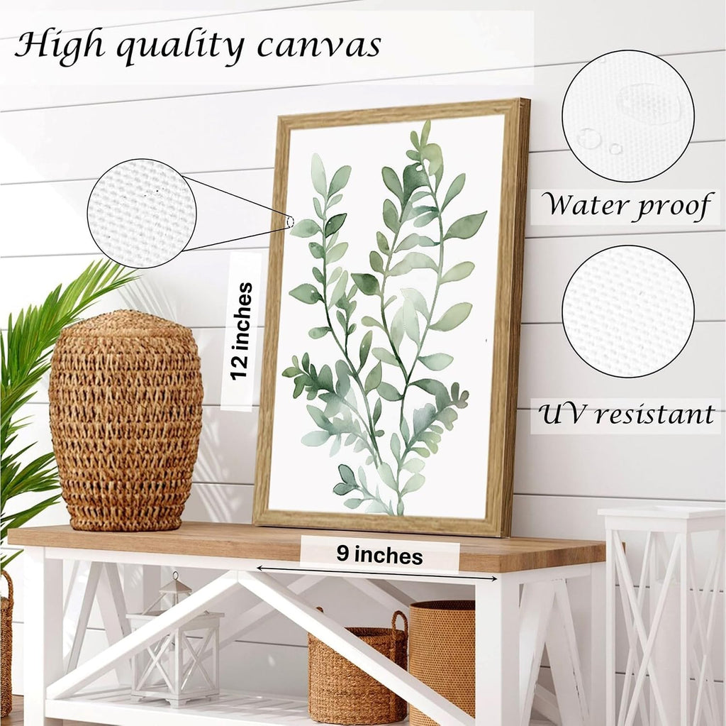 Framed Eucalyptus Sage Green Botanical Plant Wall Art Canvas Decor Set of 6, Leaves Prints Posters, Flower Wall Art