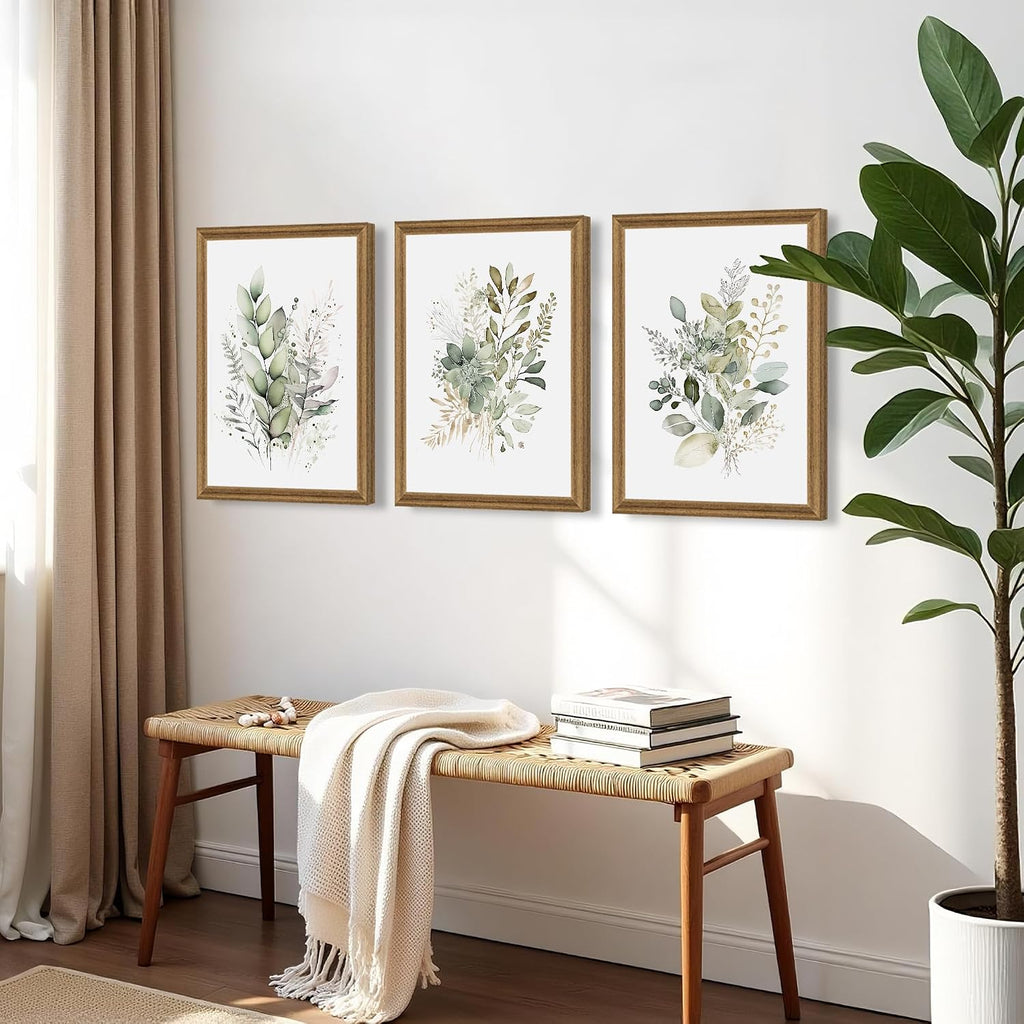 Framed Sage Green Botanical Wall Art Set of 3, Watercolor Eucalyptus & Wild Plant Canvas Prints, Minimalist Green