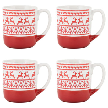 Embossed Reindeer Ceramic Mug, Set of 4 (Red)