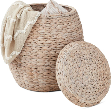 Multipurpose Hyacinth Storage Basket, Plant Décor, Handwoven Organizer Tote , w/Lid - Whitewash