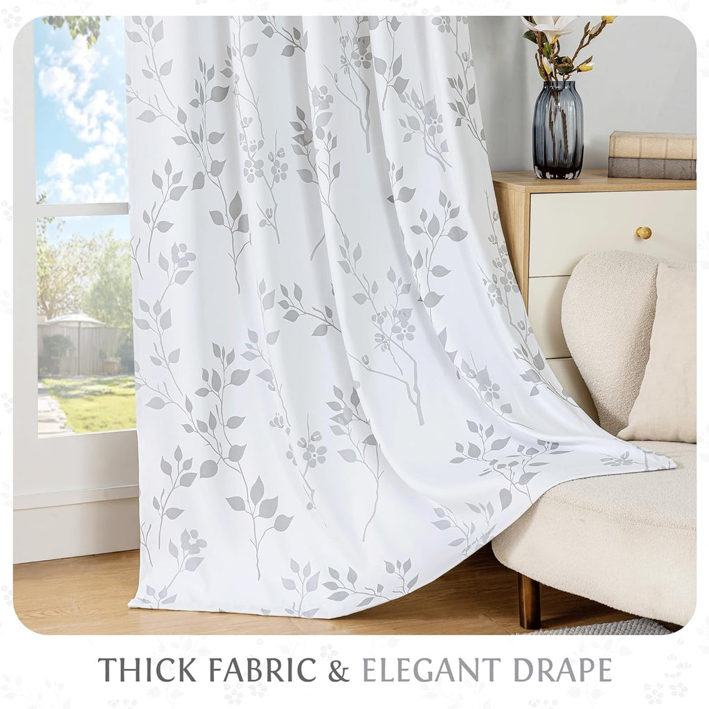 Floral 100% Blackout Curtains 2 Panels for Bedroom Living Room Grey White Flower Patterned Room