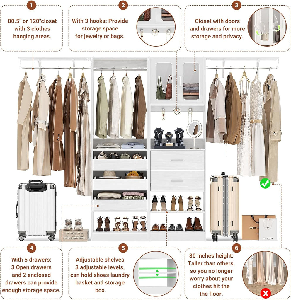 6.7FT-10FT Closet System Set with Half-Open Drawers, 80.5''-120" Wooden Modular Wardrobe Set with Shelving Towers
