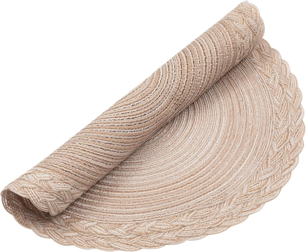 Round Placemats Boho Braided Border 15 inch Circle Place Mats Washable Fabric Table Mats Dining Table, Beige - Set of 4