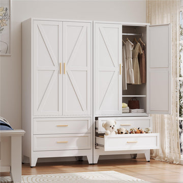 Metal Wardrobe Cabinet with Hanging Rod, 71" Armoire Wardrobe Closet with 2 Drawers, Farmhouse Bedroom Armoire, Storage