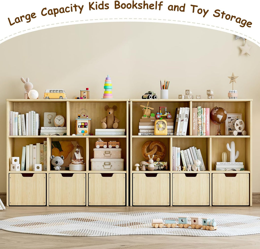 Solid Pine Wood Toy Storage Organizer, Kids Bookshelf and Toy Organizer with 3 Rolling Drawers, 5 Storage Cubes