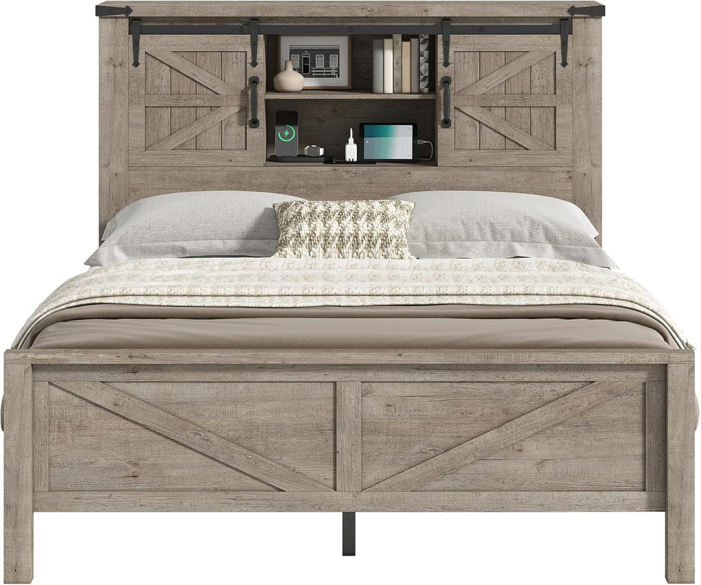 Farmhouse Full Bed Frame with Storage Headboard & Charging Station, Rustic Wood Platform Bed with Barn Door Bookcase