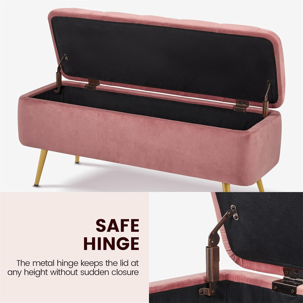 43in Velvet Storage Ottoman Bench End of Bed, Pink | Button-Tufted Ottoman Bench with 1.9C Storage Space, Tapered