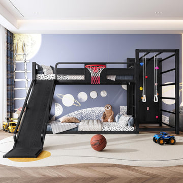 Twin Bunk Bed with Basketball Hoop, Pull-up Rings and Climbing Wall, Twin Bunk Bed with Slide and Bookcase