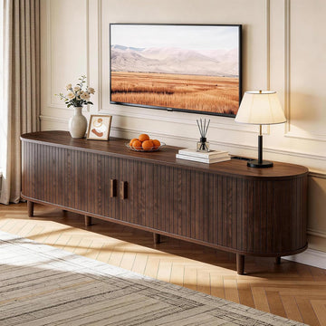 70" Mid Century Modern TV Stand with Power Outlet, Fluted Entertainment Center with Storage and Adjustable Shelves