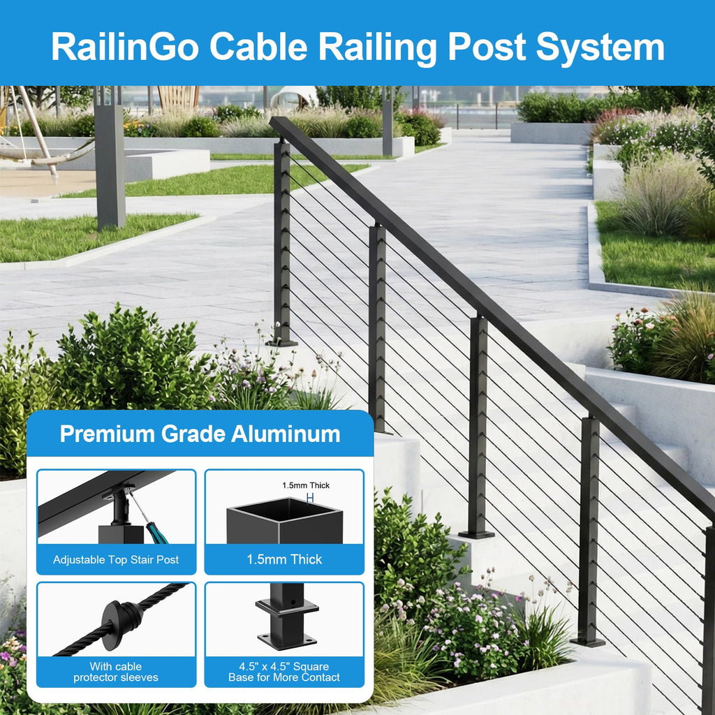 36" Stair Cable Railing Post for 25-35° Stairs, Surface Mount Adjustable Top Stair Post, Cable Railing Kits for Deck