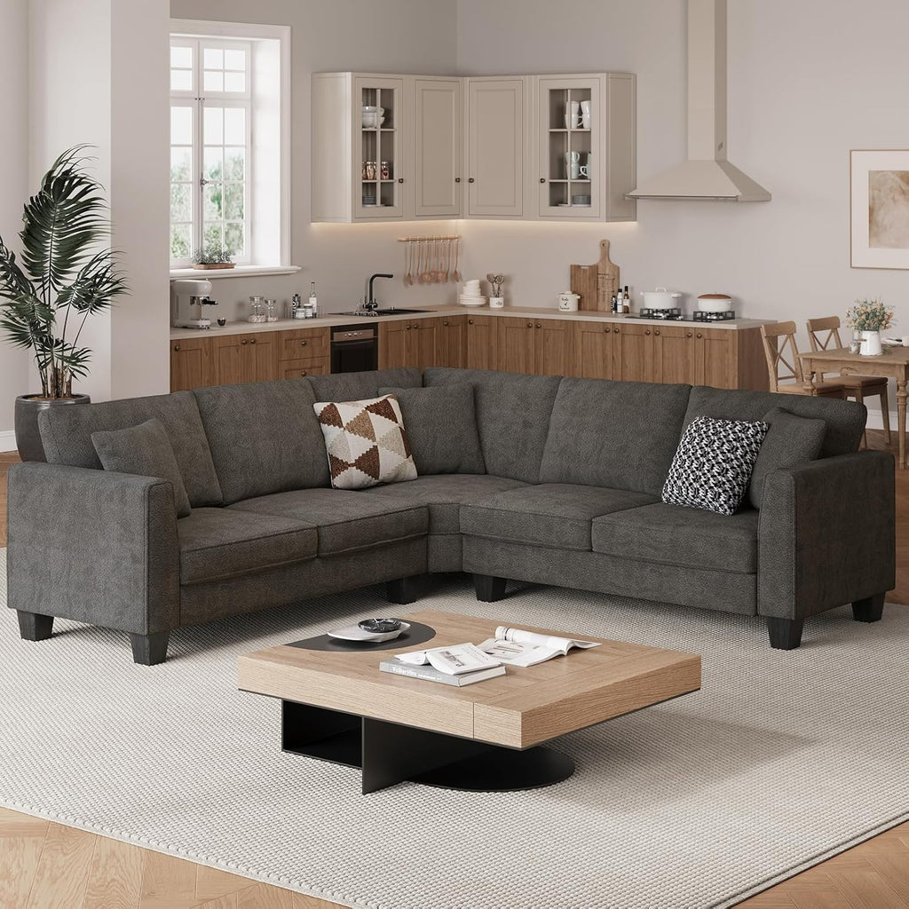 L Shaped Couch, Small Corner Sectional Sofa for Living Room, Comfy Chenille L Shape Sofa with 3 Throw Pillows
