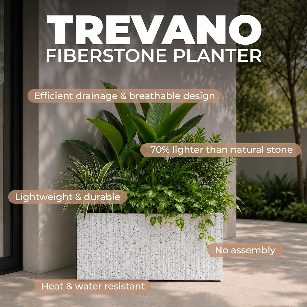 Trevano Fiberstone Rectangular Planter (M, Ribbed White) | Lightweight, Durable, UV Resistant, Modern Terra Cotta