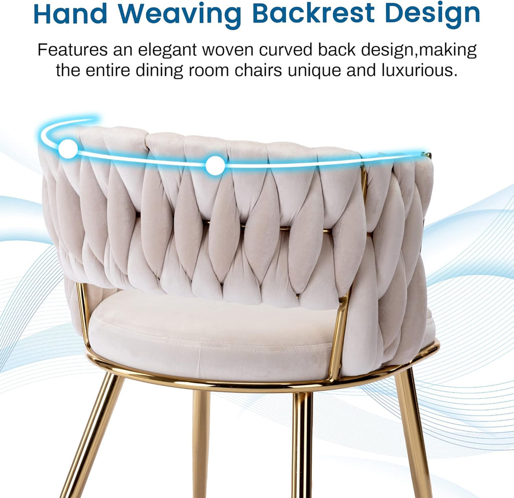 Modern Velvet Dining Chairs Set of 2, Upholstered Living Room Chair with Woven Back and Golden Metal Legs