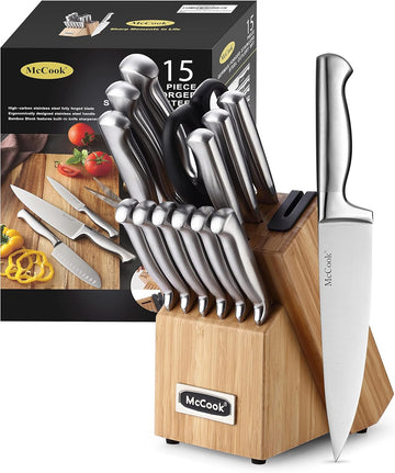 Knife Set Kitchen Steel Knife Block Set w Built-in Sharpener | German Forged Stainless Steel,15 PC,Razor
