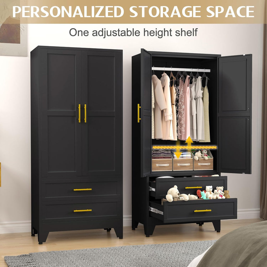 Metal Wardrobe Cabinet with 2 Drawers, 71" Clothing Storage Cabinets | with 2 Doors, 1 Adjustable Shelf, Steel