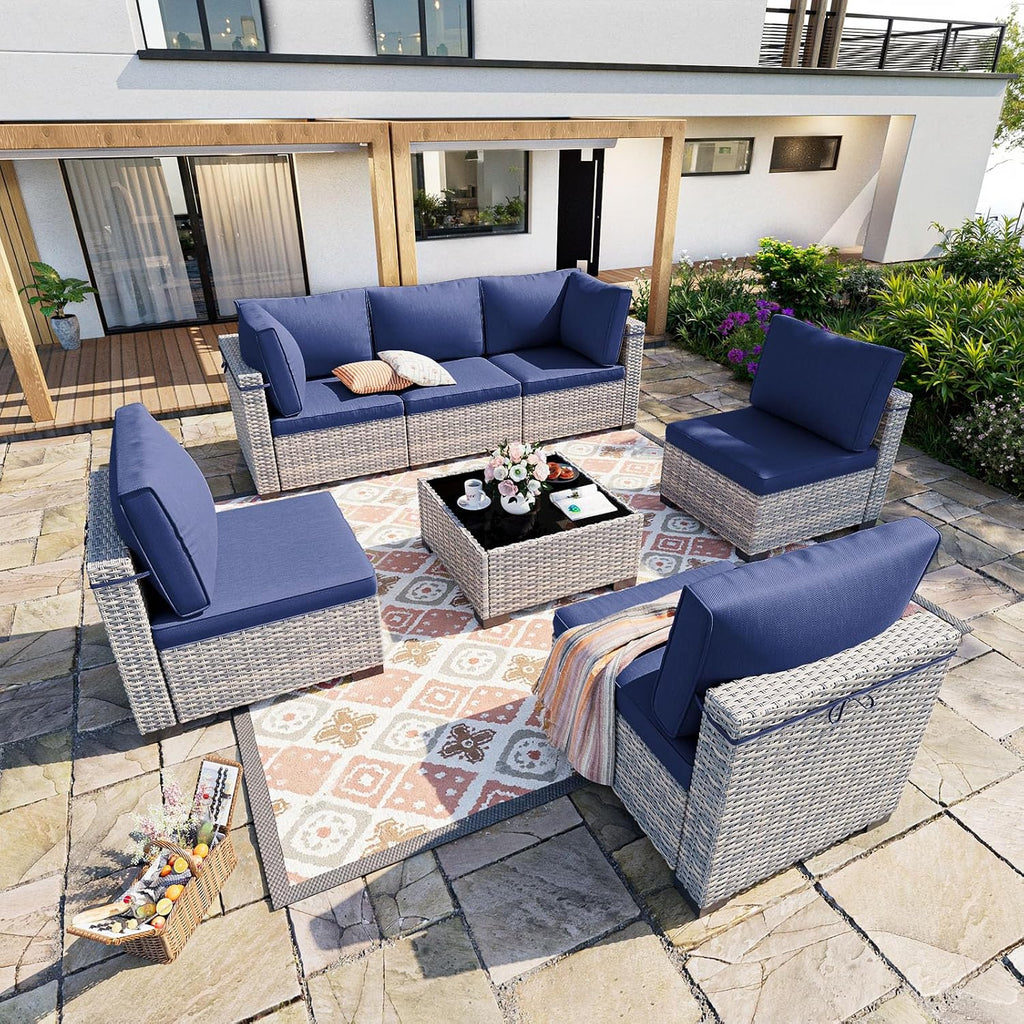 Outdoor PE Wicker Rattan Modular Patio Sectional Sofa Set | 7-Piece: 6 Modular Seats & Coffee Table with Thick
