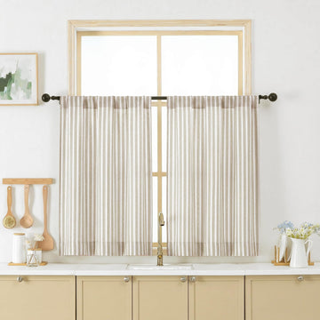 Striped Short Curtains 36 Inch Length - Light Filtering Faux Linen Living Room Tier Half Window Curtains, Farmhouse