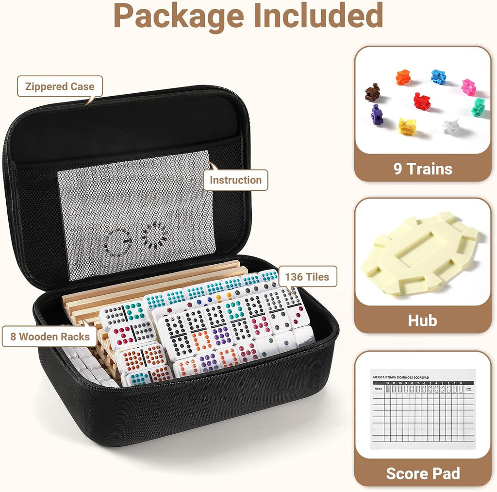 Mexican Train Dominoes Set with 8 Wooden Trays/Racks, Double 15 Dominos Travel Set with 8 Tiles Holders, 136 Tiles - Set of 136