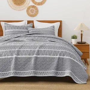 King Quilt Set Grey, 3 Pieces Boho Striped Bedspread - Set of 3