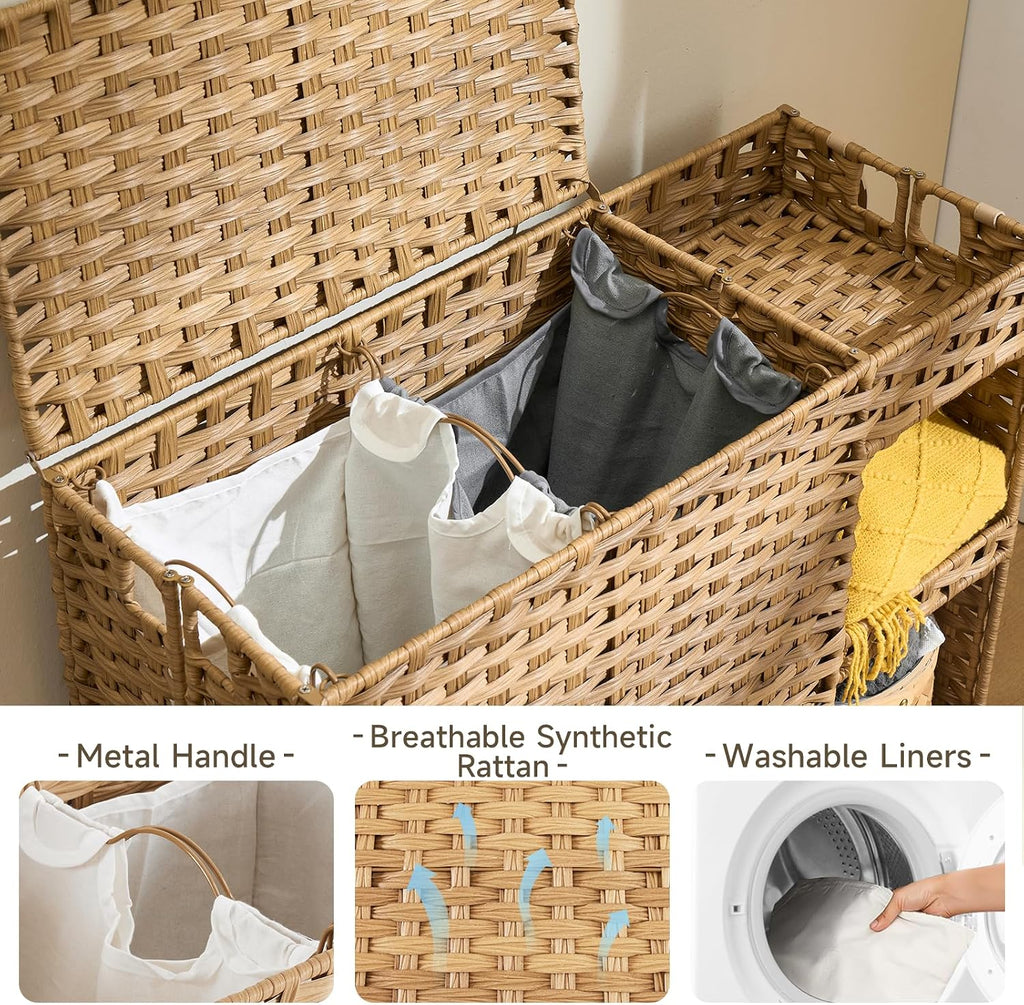 Laundry Hamper with Wheels, 42.3 Gal.(160 L) Laundry Sorter with Shelves, Rattan Clothes Hamper with 4 Removable