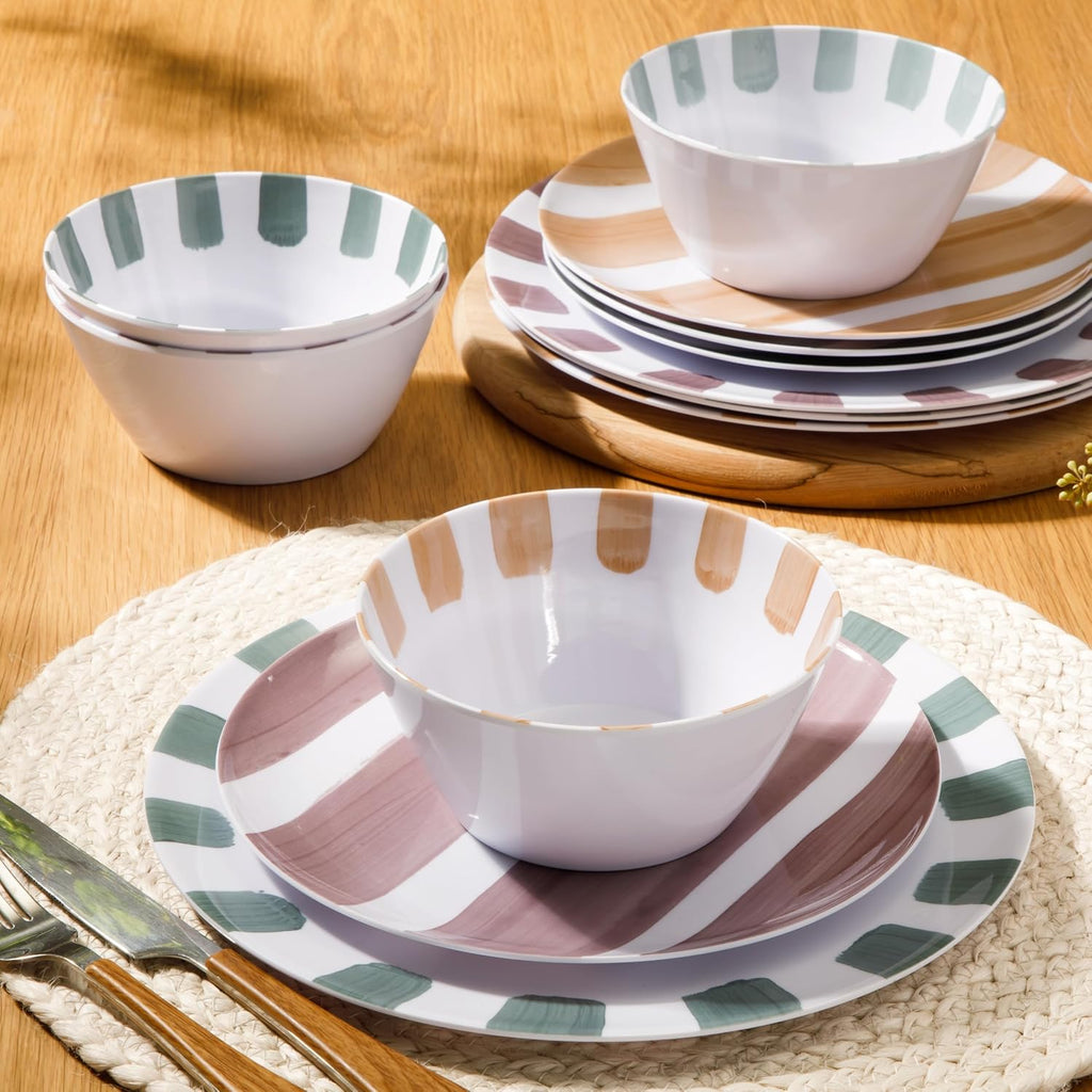 Cottage Stripes 12-Piece Melamine Plates and Bowls Dinnerware Set - Outdoor, Camping, & Everyday Use - Assorted Colors