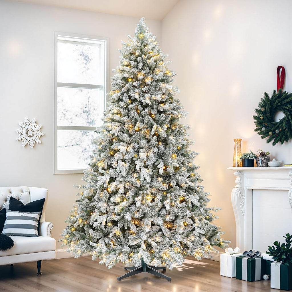 6.5ft Pre-Lit Flocked Christmas Tree with 360° Rotation, Remote Control, Warm White & Multi-Color Lights, Built-in
