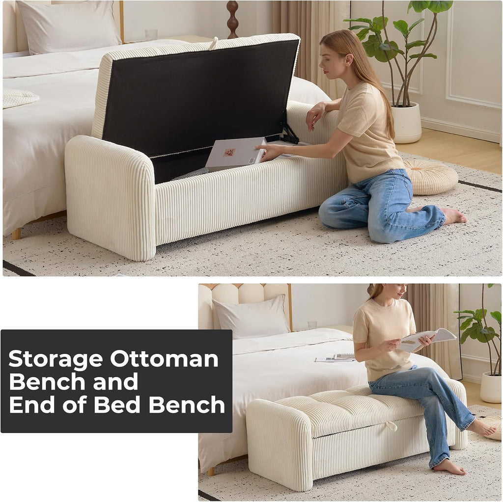 Oversized Corduroy Ottoman Bench with Storage, Upholstered End of Bed Bench , Ottoman Foot Rest , Beige