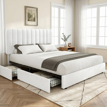Full Size Upholstered Bed Frame with 4 Drawers and Headboard, Velvet Platform Storage Bedframe, Wooden Slats Support