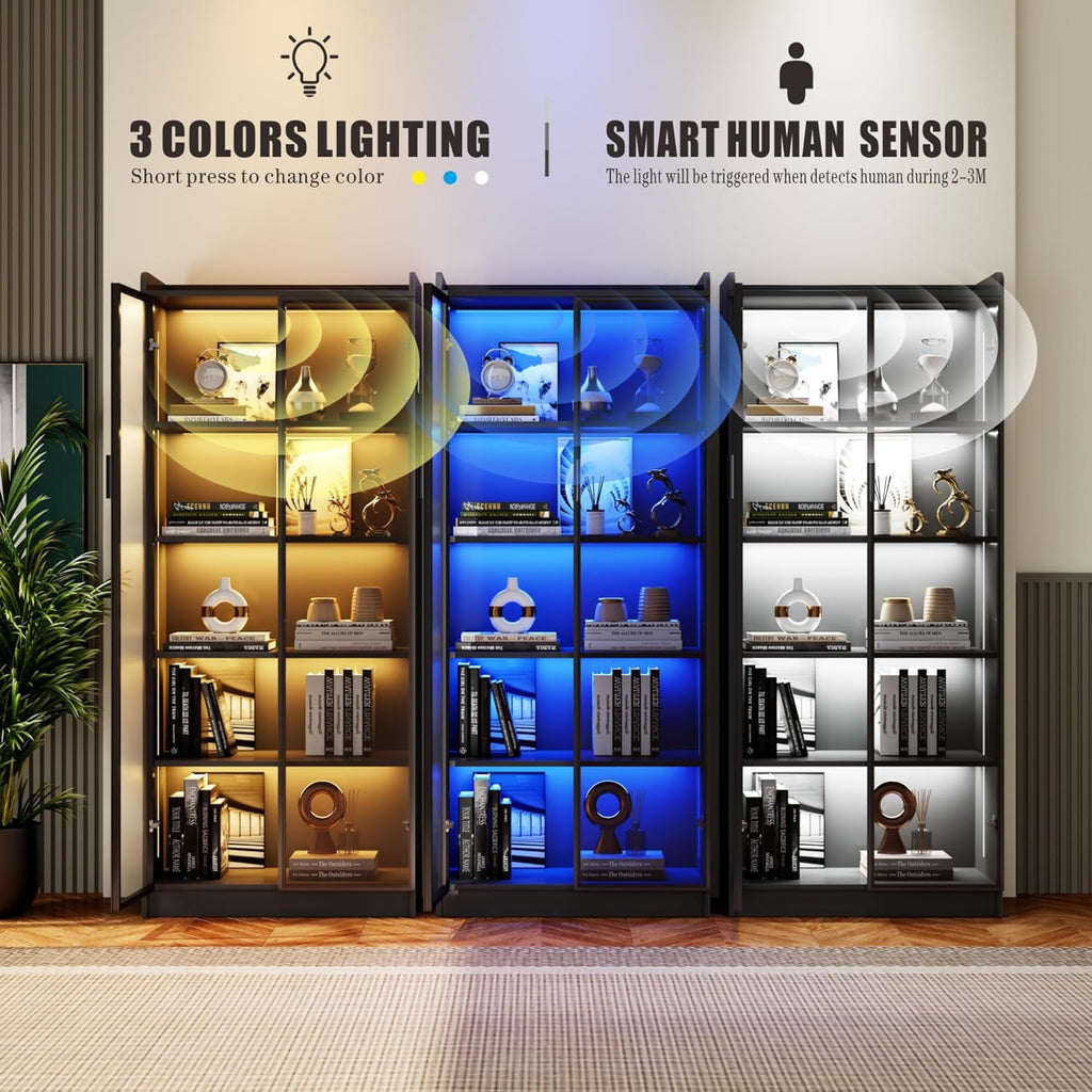 Display Cabinet with Doors and Adjustable Shelves, 65" Tall Bookcase with LED Lights/Human Sensor