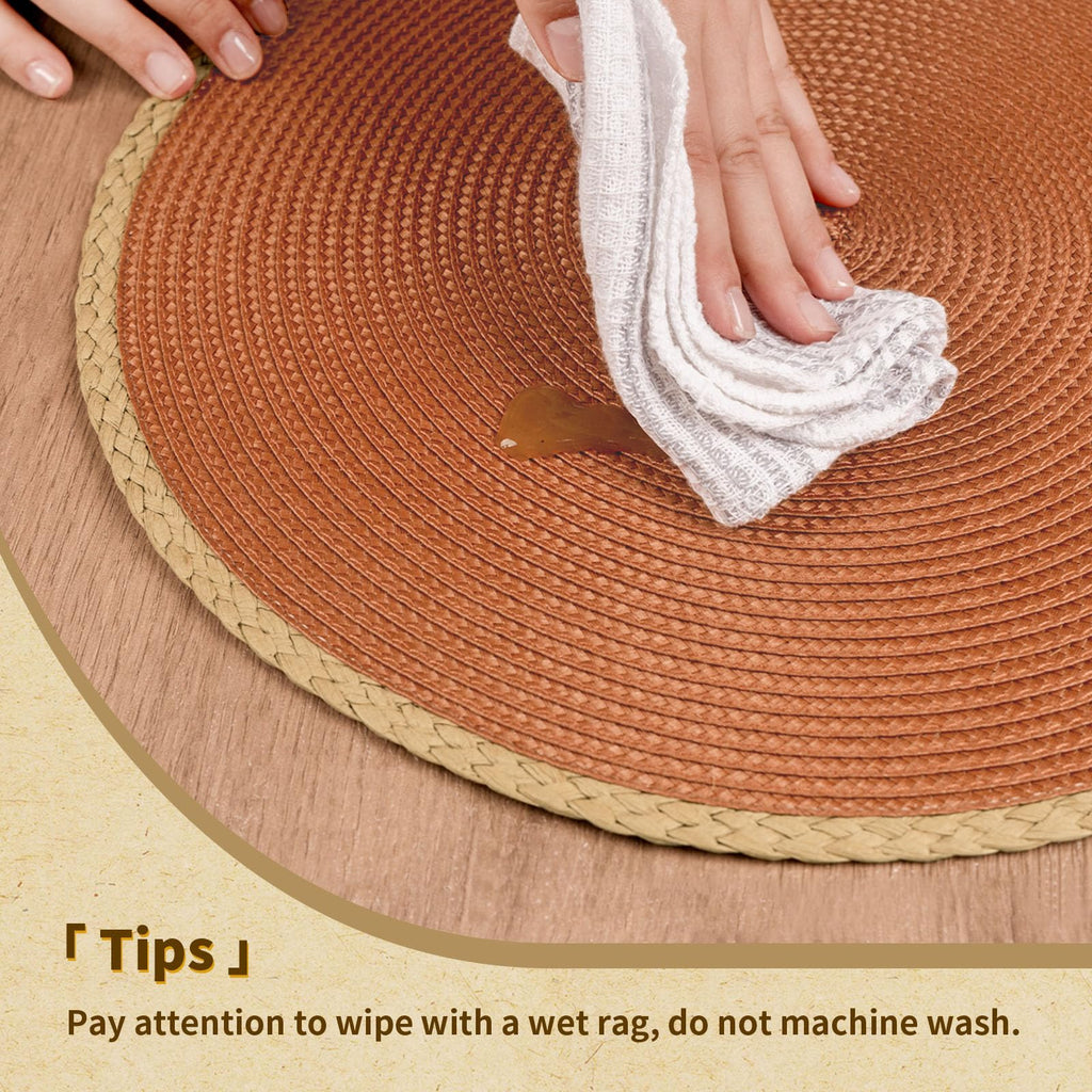 Round Placemats Set of 6, Woven Table Mats, Thin Edge, Dark Orange