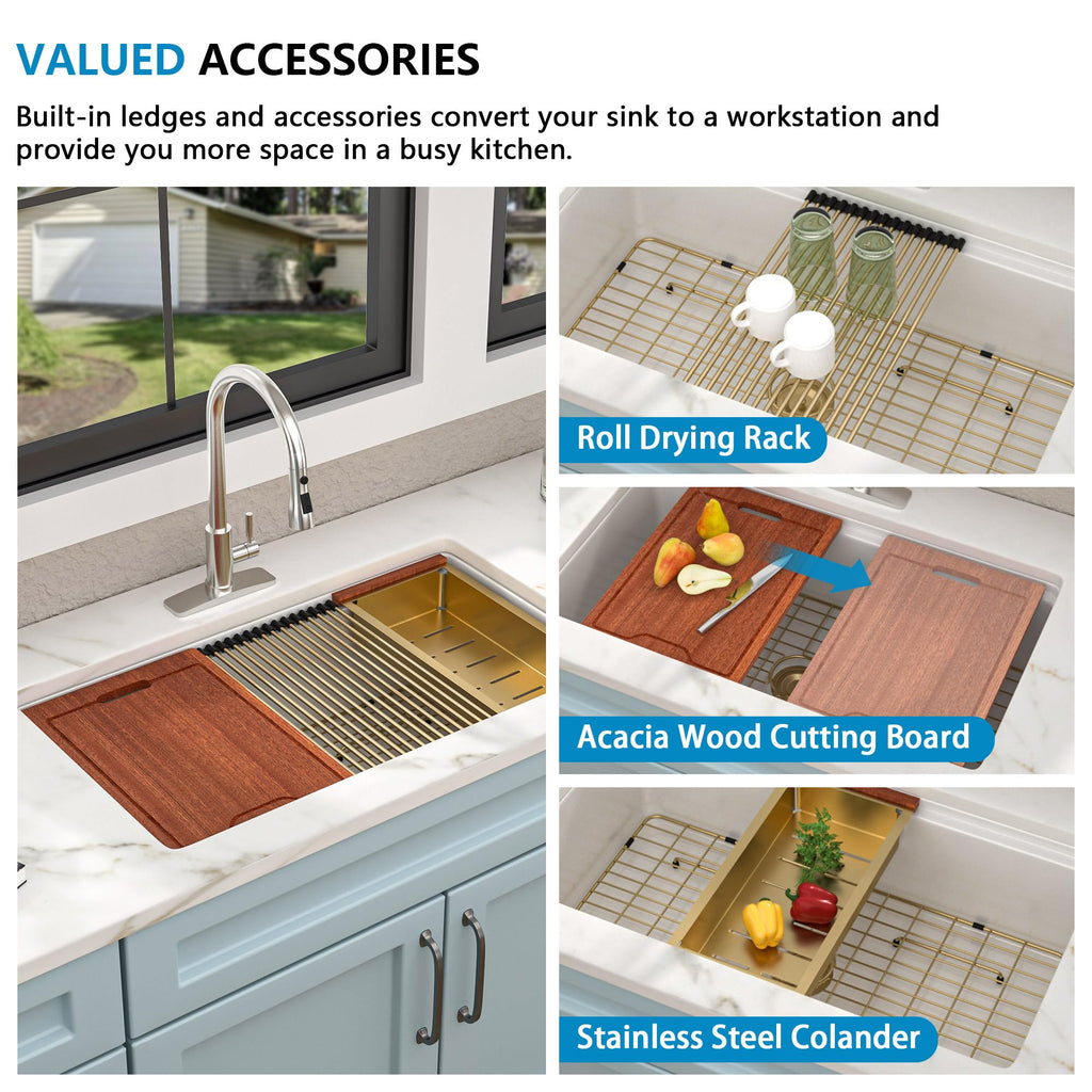 33"x19" White Undermount Kitchen Sink Workstaion - High-Gloss Ceramic Porcelain Fireclay Dual Mount Single Bowl Drop