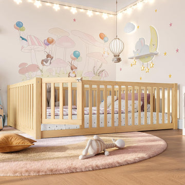Full Size Kids Montessori Floor Bed with Door,Solid Wood Floor Bed Frame with High Fence for Girls,Boys,Natural