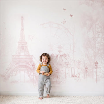 Girls Nursery Wall Murals: Pink Paris & Eiffel Tower Wallpaper | Parisian Carousel Theme, Peel & Stick or