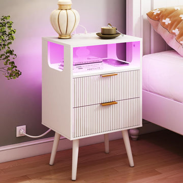White Nightstand with Charging Station and LED Lights,Modern Bedside Table with 2 Storage Drawer and Open Wood Shelf